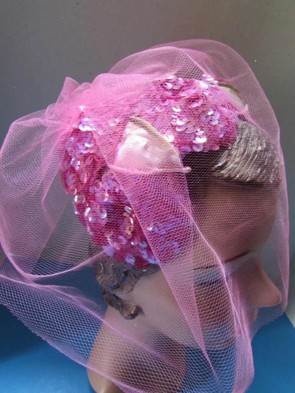 Vintage Half Hat Fuchsia Sequins Pink Veil